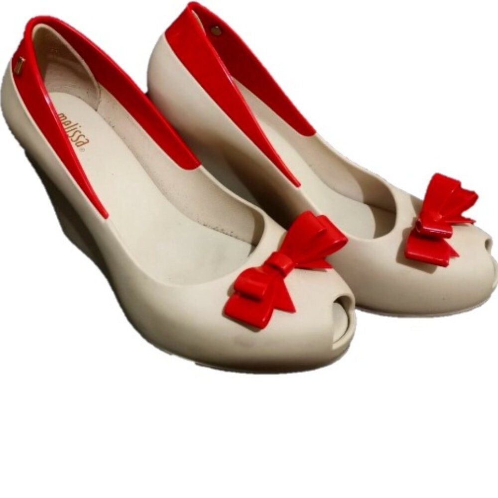 EUC MELISSA queen wedges khaki red bow 8